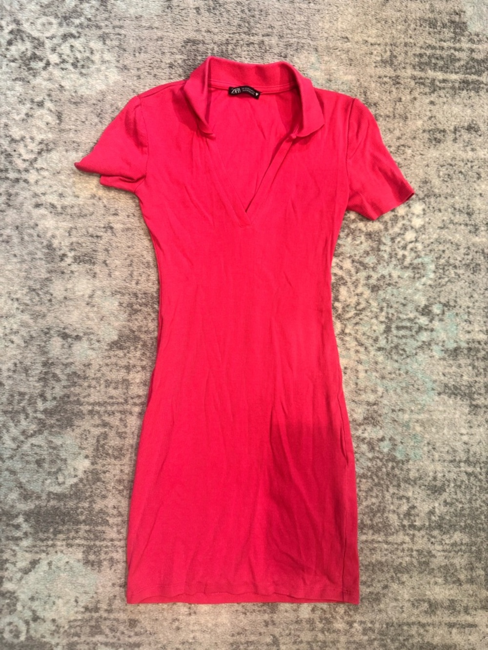Zara Bright Pink Ribbed Polo V-Neck Bodycon Dress